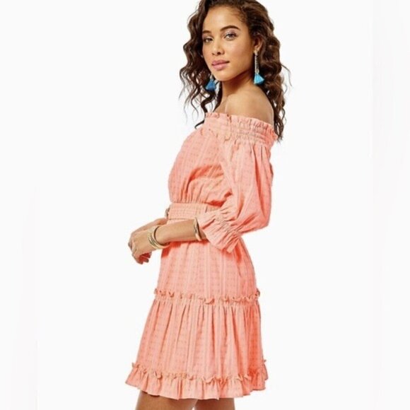 NWT Lilly Pulitzer Bright Orange Mini Dress Size XS Louisa Off The Shoulder - Picture 3 of 12